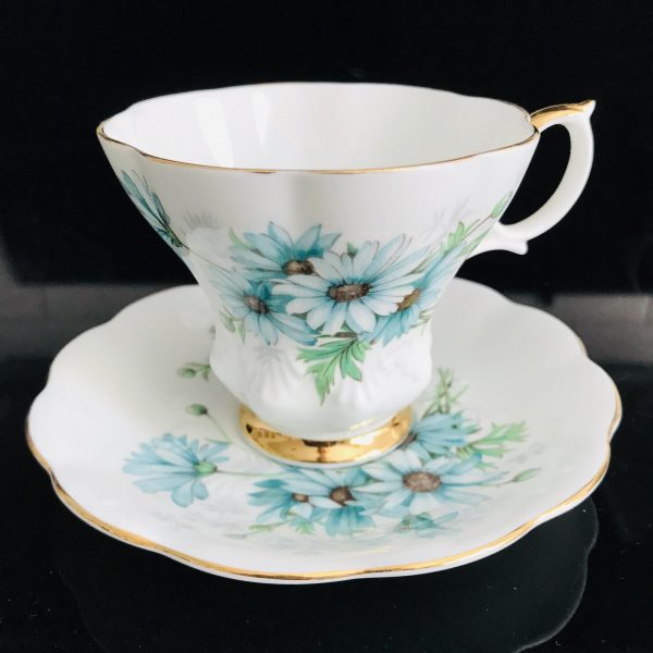 Royal Albert tea cup and saucer England Fine bone china Aqua daisies with bronze centers gold trim farmhouse collectible display coffee
