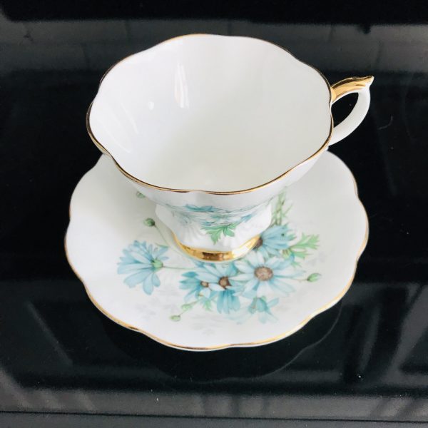 Royal Albert tea cup and saucer England Fine bone china Aqua daisies with bronze centers gold trim farmhouse collectible display coffee