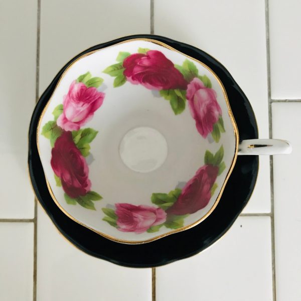 Royal Albert tea cup and saucer England Fine bone china Black Pink Roses Inside gold trim farmhouse collectible display coffee