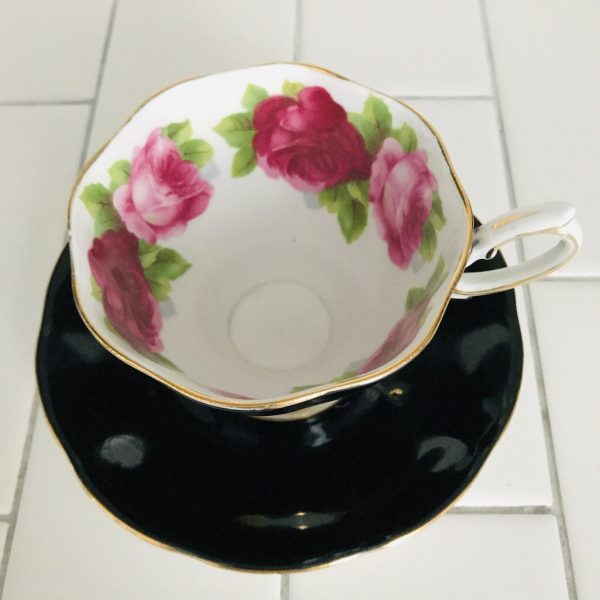 Royal Albert tea cup and saucer England Fine bone china Black Pink Roses Inside gold trim farmhouse collectible display coffee