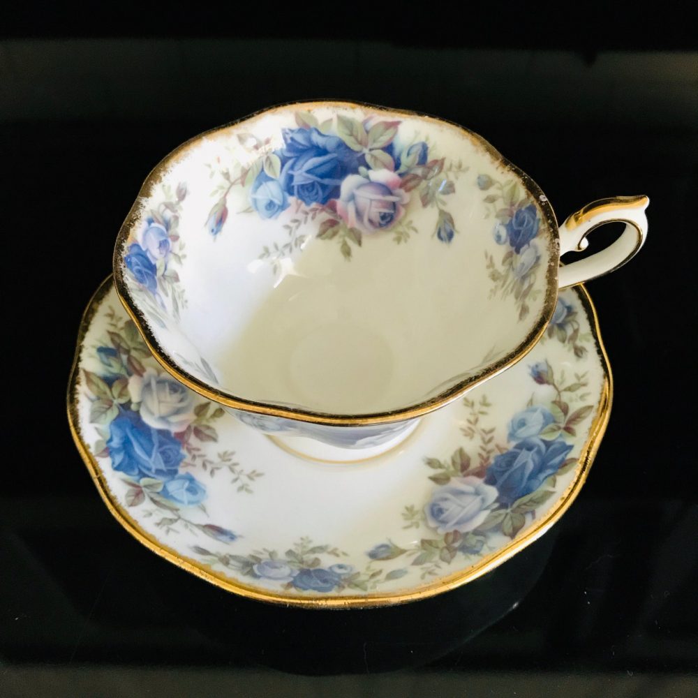 Royal Albert Tea Cup And Saucer England Fine Bone China Blue And Pink Roses Gold Trim Farmhouse