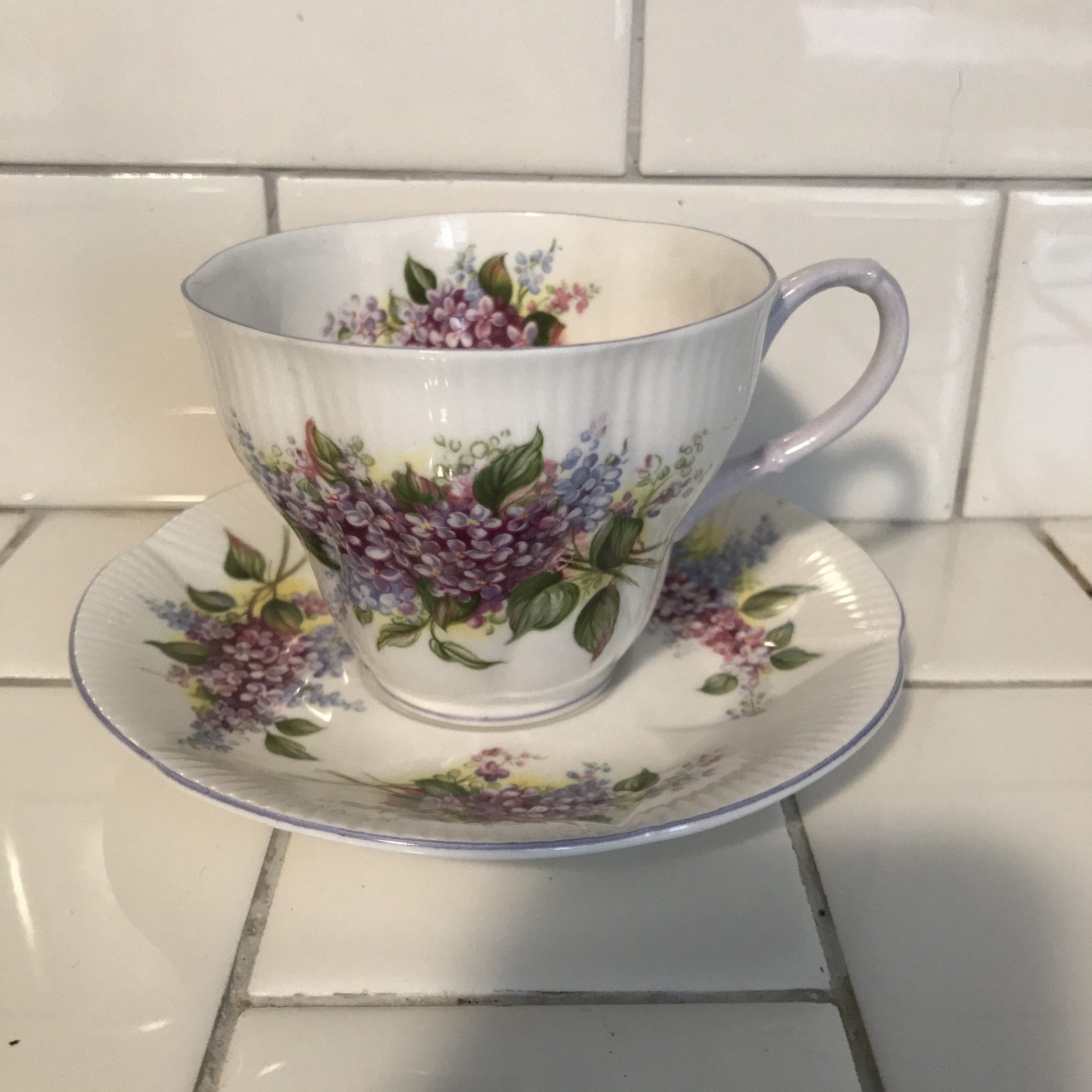 Royal Albert Tea Cup And Saucer England Fine Bone China Dainty Purple Lilacs Lavender Handle