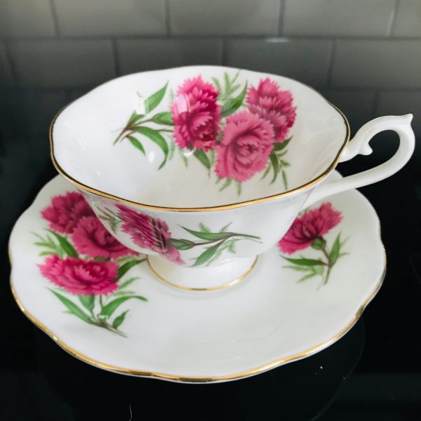 Royal Albert tea cup and saucer England Fine bone china Dark Pink Carnations farmhouse collectible display coffee serving