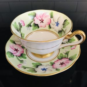 Royal Albert tea cup and saucer England Fine bone china Pink and white with blue centers Apple green background coffee display