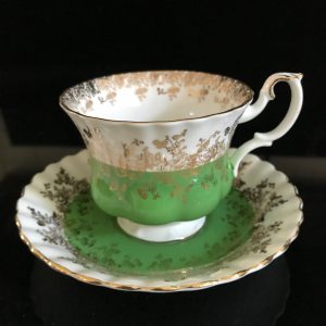 Royal Albert tea cup and saucer England Fine bone china White with Bright Green gold trim farmhouse collectible display coffee bridal