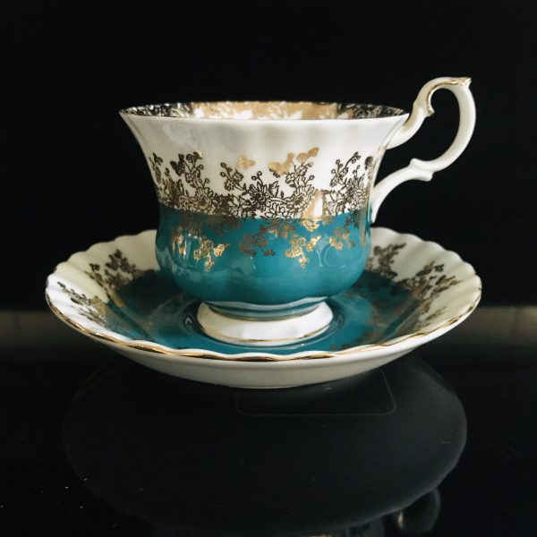 Royal Albert tea cup and saucer England Fine bone china White with Teal Blue gold trim farmhouse collectible display coffee bridal
