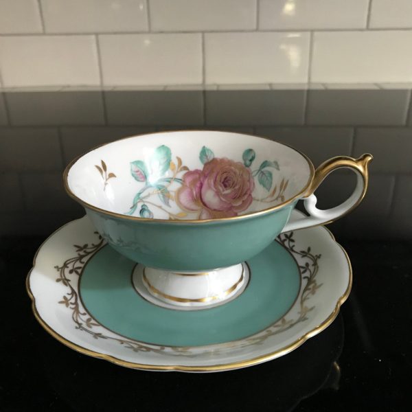 Royal Bayreuth tea cup and saucer US Zone Germany Fine bone china Aqua with Pink Rose gold trim farmhouse collectible display dining