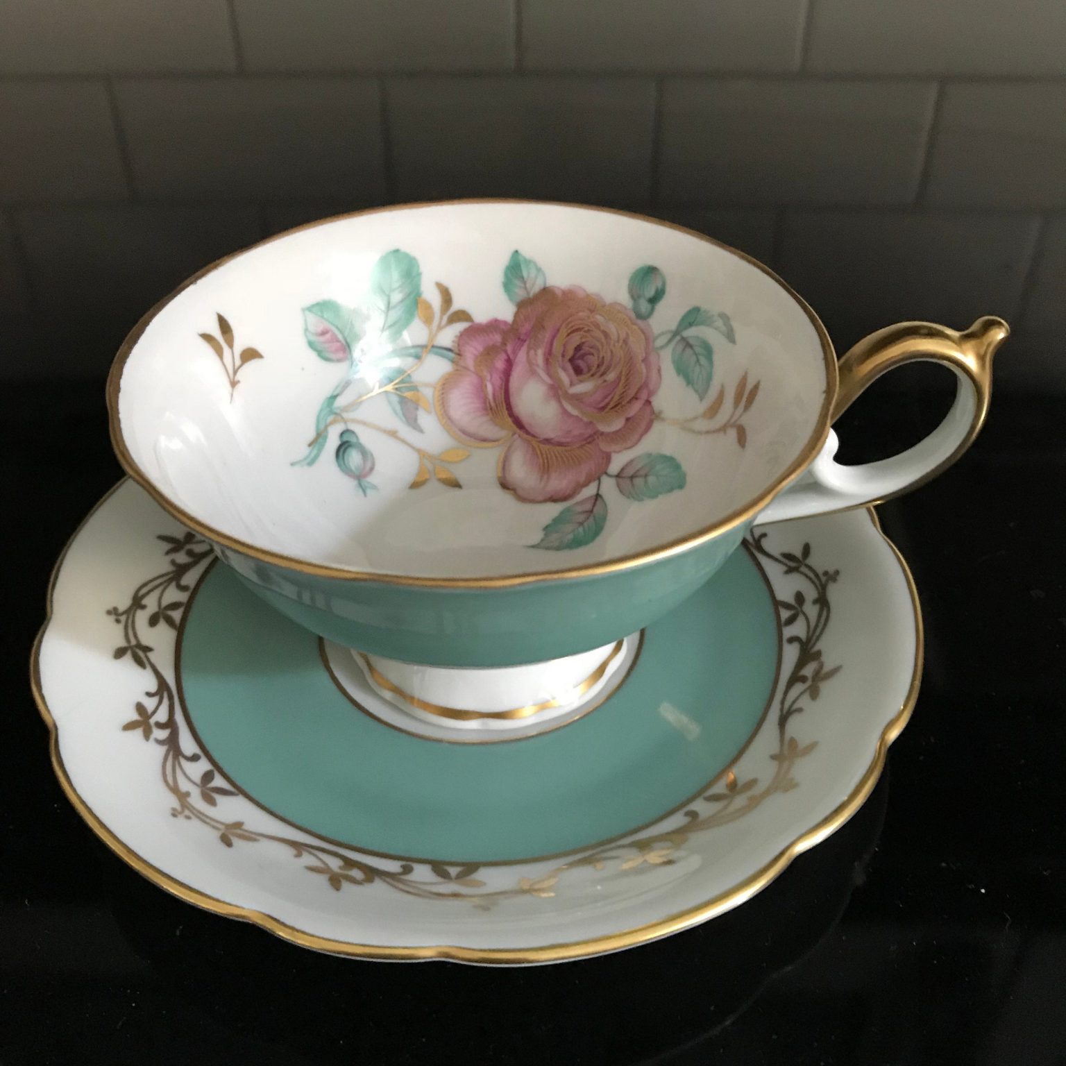 Royal Bayreuth tea cup and saucer US Zone Germany Fine bone china Aqua ...