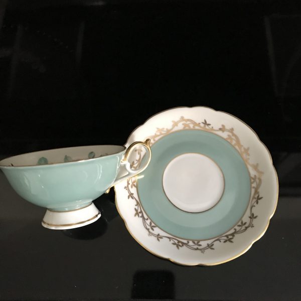 Royal Bayreuth tea cup and saucer US Zone Germany Fine bone china Aqua with Pink Rose gold trim farmhouse collectible display dining