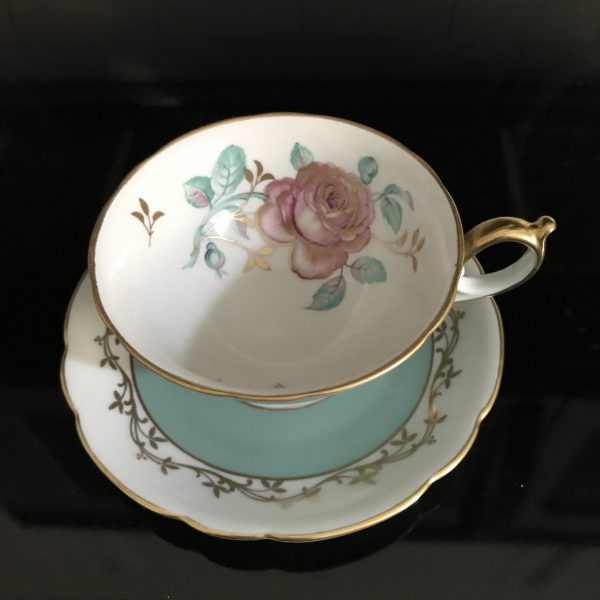 Royal Bayreuth tea cup and saucer US Zone Germany Fine bone china Aqua with Pink Rose gold trim farmhouse collectible display dining