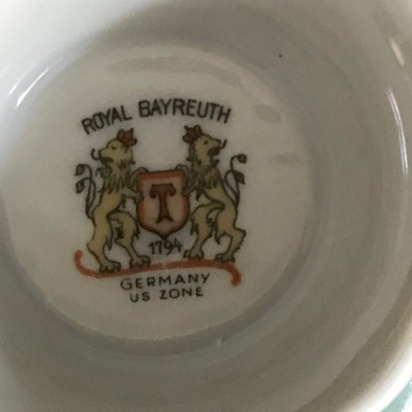 Royal Bayreuth tea cup and saucer US Zone Germany Fine bone china Aqua with Pink Rose gold trim farmhouse collectible display dining