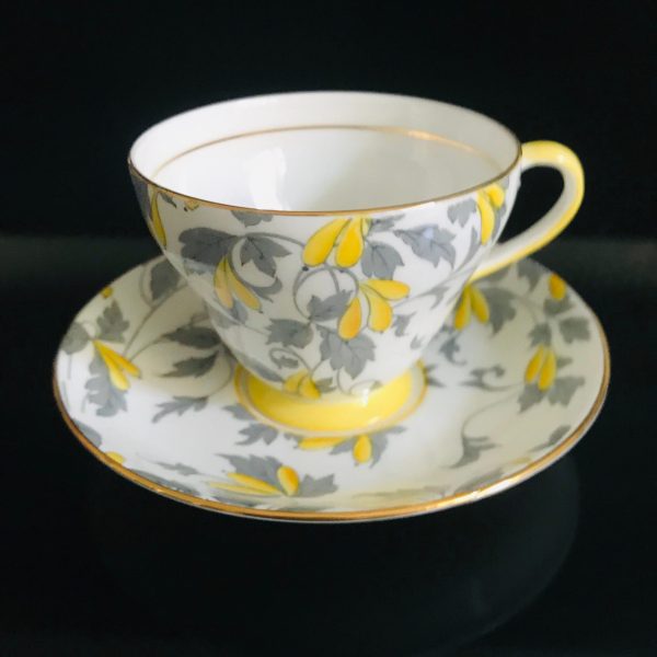 Royal Grafton Tea cup and saucer England Fine bone china Ashley Yellow Chintz flowers gray leaves farmhouse collectible display coffee