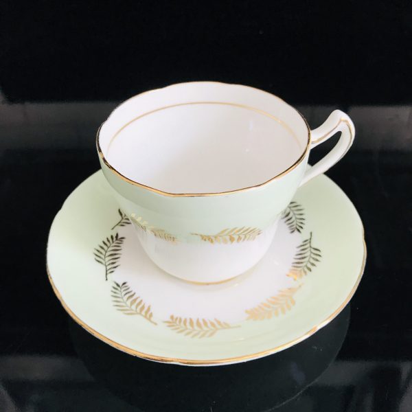 Royal Grafton Tea cup and saucer England Fine bone china Mint Green with Gold Fronds collectible display coffee farmhouse bridal
