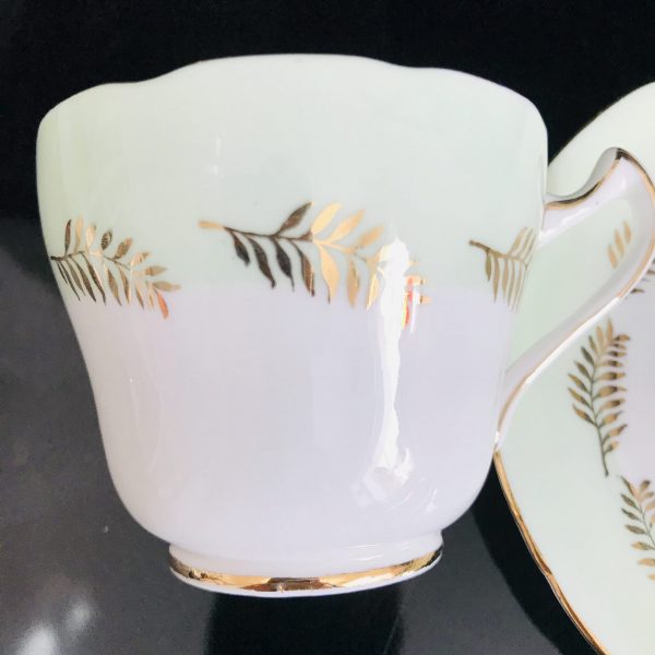 Royal Grafton Tea cup and saucer England Fine bone china Mint Green with Gold Fronds collectible display coffee farmhouse bridal