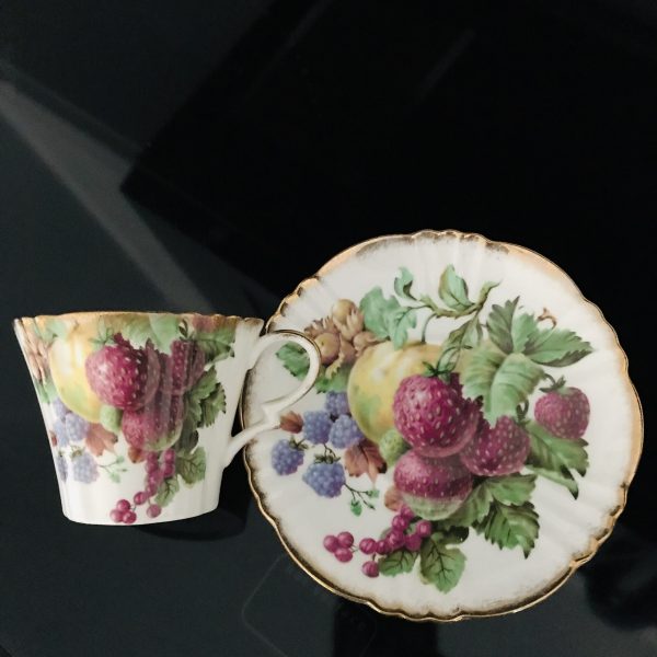 Royal Standard Tea cup and saucer England Fine bone china Fruit Strawberries pears cherries gold trim farmhouse collectible display