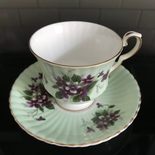 Royal Windsor Tea Cup and Saucer light green purple violets scalloped Fine bone china England Collectible Display Farmhouse Cottage