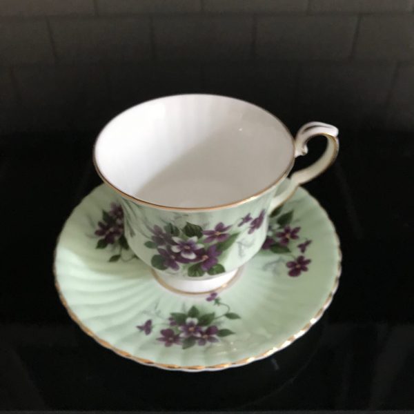 Royal Windsor Tea Cup and Saucer light green purple violets scalloped Fine bone china England Collectible Display Farmhouse Cottage