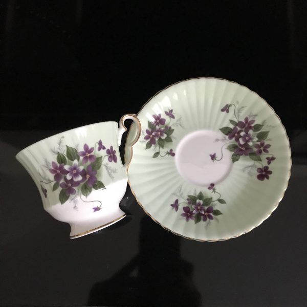 Royal Windsor Tea Cup and Saucer light green purple violets scalloped Fine bone china England Collectible Display Farmhouse Cottage