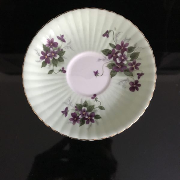 Royal Windsor Tea Cup and Saucer light green purple violets scalloped Fine bone china England Collectible Display Farmhouse Cottage