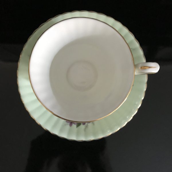 Royal Windsor Tea Cup and Saucer light green purple violets scalloped Fine bone china England Collectible Display Farmhouse Cottage