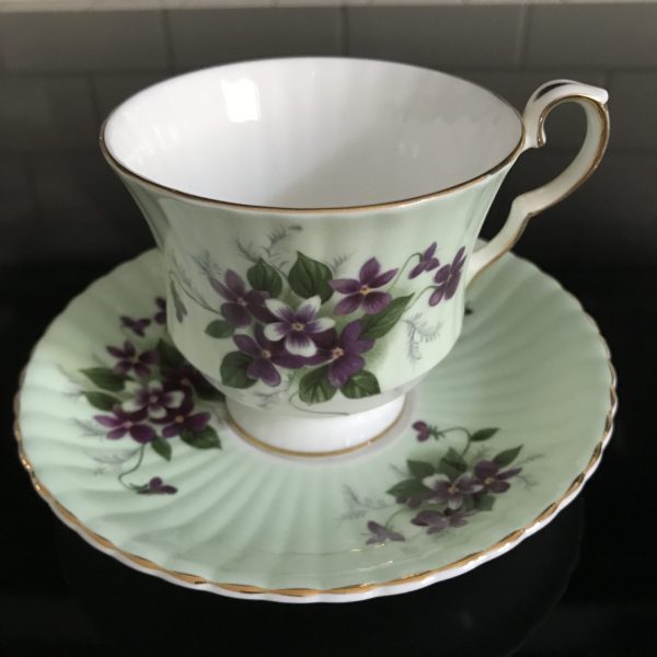 Royal Windsor Tea Cup and Saucer light green purple violets scalloped Fine bone china England Collectible Display Farmhouse Cottage