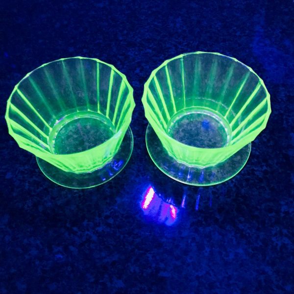 Set of 2 Uranium Glass Sherbet cups dessert ramekin bowls with base fruit cups green glass farmhouse collectible display kitchen dining