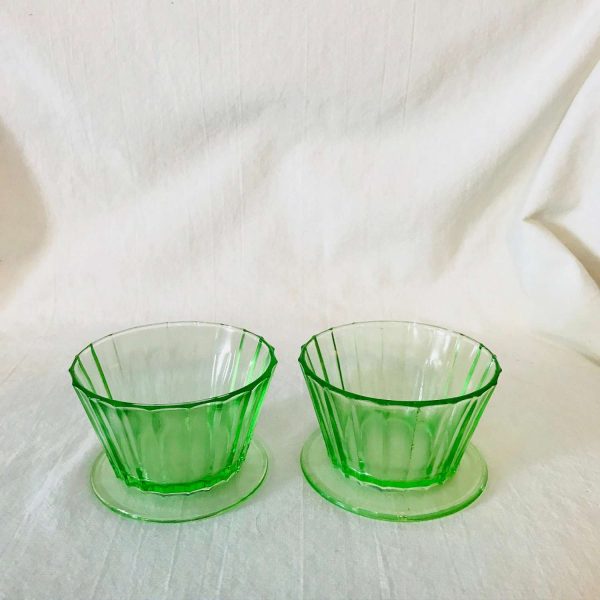 Set of 2 Uranium Glass Sherbet cups dessert ramekin bowls with base fruit cups green glass farmhouse collectible display kitchen dining