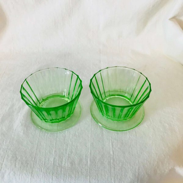 Set of 2 Uranium Glass Sherbet cups dessert ramekin bowls with base fruit cups green glass farmhouse collectible display kitchen dining