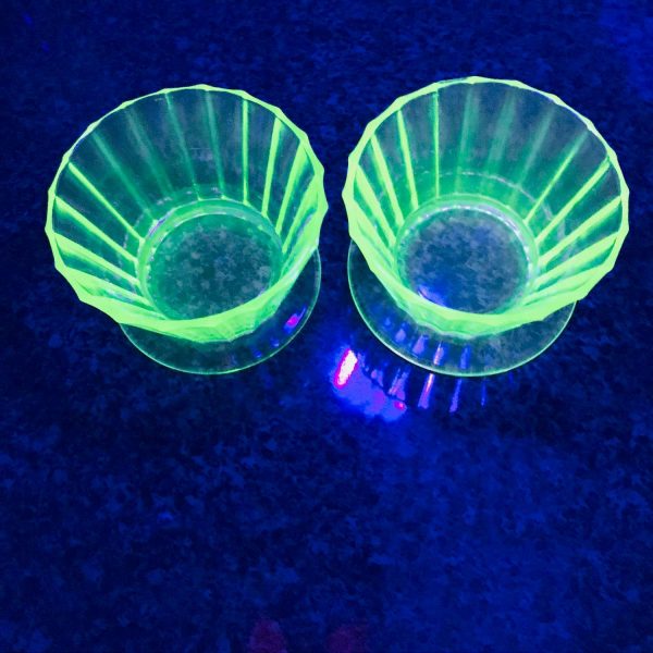 Set of 2 Uranium Glass Sherbet cups dessert ramekin bowls with base fruit cups green glass farmhouse collectible display kitchen dining