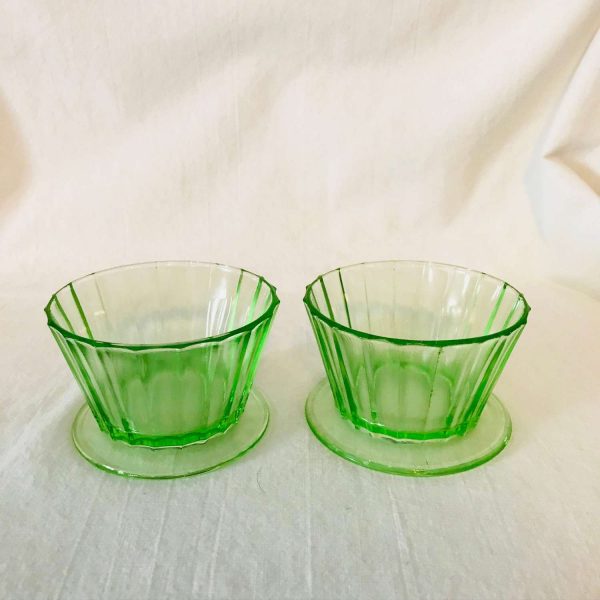 Set of 2 Uranium Glass Sherbet cups dessert ramekin bowls with base fruit cups green glass farmhouse collectible display kitchen dining