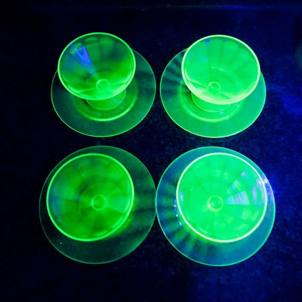Set of 4 Uranium Glass Sherbet cups with under plates dessert bowls fruit cups green glass farmhouse collectible display kitchen dining