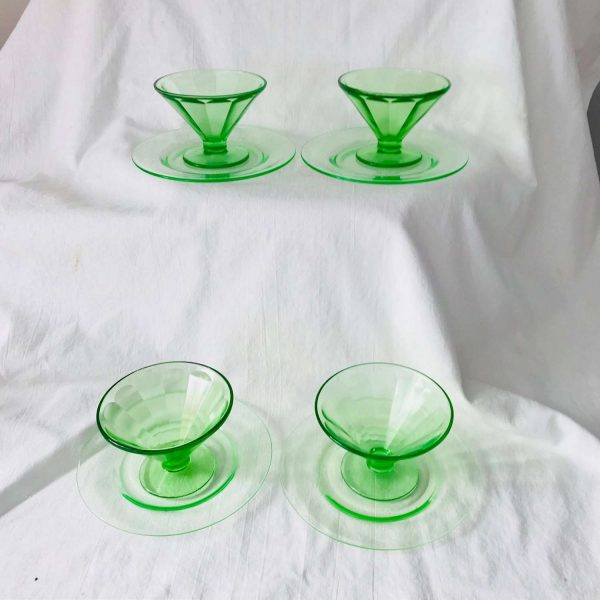 Set of 4 Uranium Glass Sherbet cups with under plates dessert bowls fruit cups green glass farmhouse collectible display kitchen dining