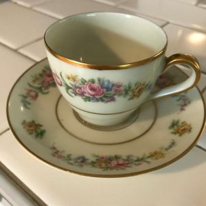 Sévres Limoge France Demitasse Tea cup and Saucer Pink Yellow & blue flowers collectible display farmhouse gold trim 8 available