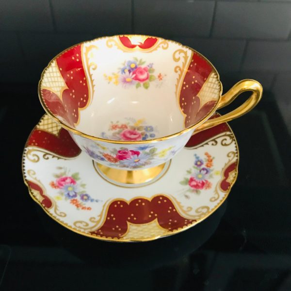 Shelley Tea cup and saucer England Fine bone china Burgundy with heavy gold trim bouquets pink yellow blue farmhouse cottage coffee