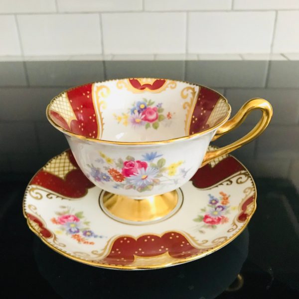 Shelley Tea cup and saucer England Fine bone china Burgundy with heavy gold trim bouquets pink yellow blue farmhouse cottage coffee