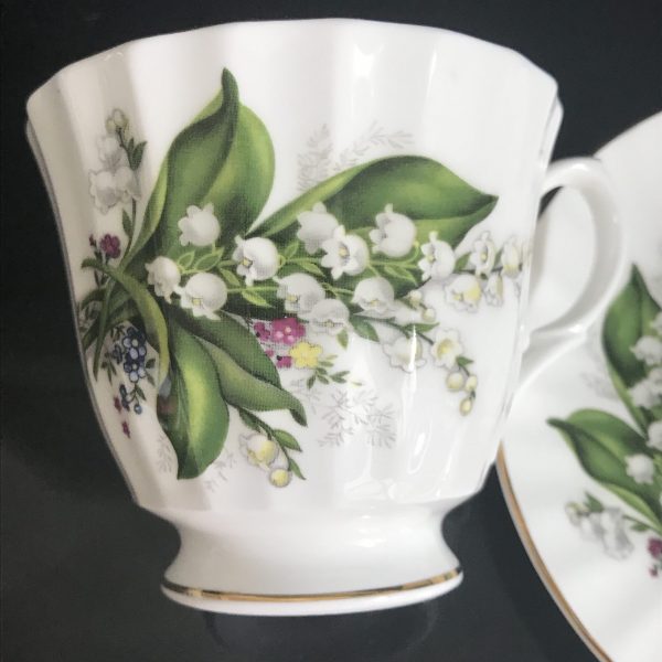 Staffordshire tea cup and saucer England Fine bone china lily of the Valley with purple & yellow flowers farmhouse collectible display