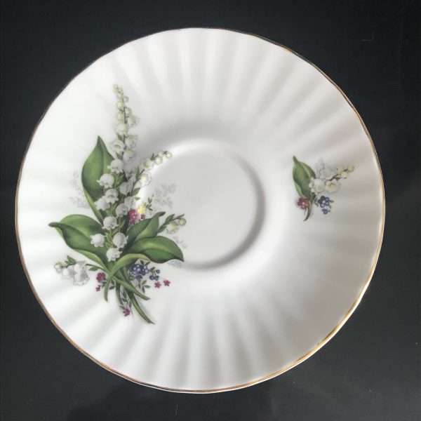 Staffordshire tea cup and saucer England Fine bone china lily of the Valley with purple & yellow flowers farmhouse collectible display