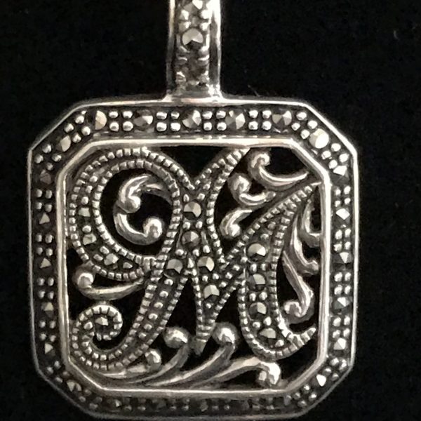 Sterling Silver Letter M Square with marcasite and scrolls .925 weighs 7 grams clasp bail