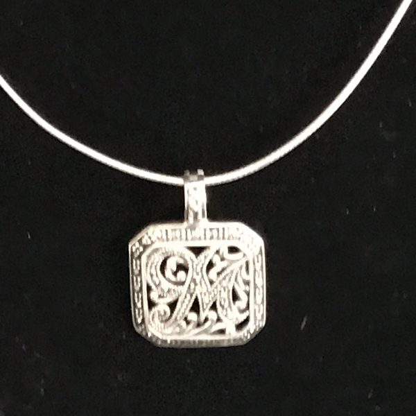 Sterling Silver Letter M Square with marcasite and scrolls .925 weighs 7 grams clasp bail