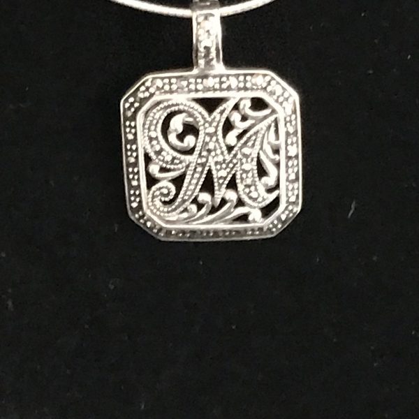 Sterling Silver Letter M Square with marcasite and scrolls .925 weighs 7 grams clasp bail