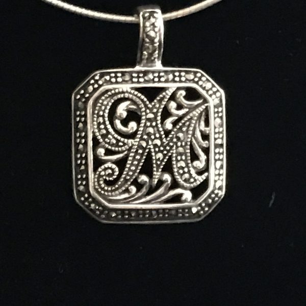 Sterling Silver Letter M Square with marcasite and scrolls .925 weighs 7 grams clasp bail