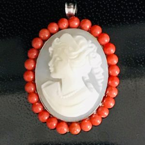 Sterling Silver Pendant Drop onyx hand cut cameo Italy with red coral signed .925 Star 661NA signed on back of cameo as well