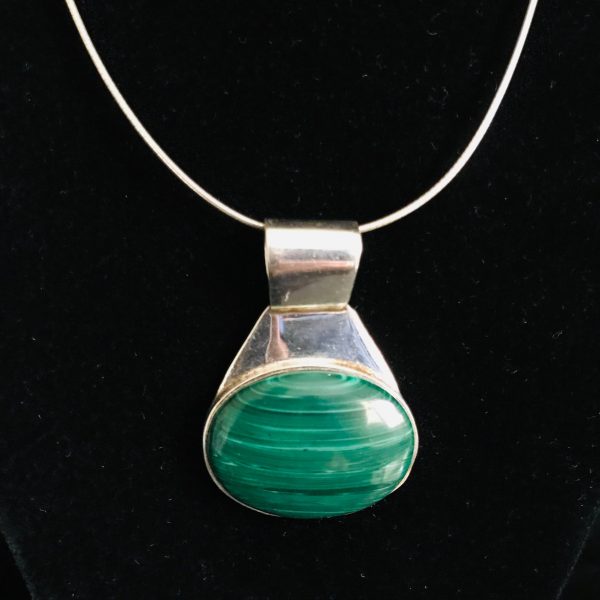 Sterling Silver Pendant Drop Oval Green Malachite center with sterling back sleek surround Taxco Mexico 13.5 grams