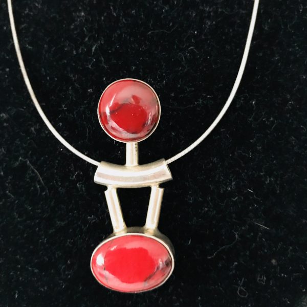 Sterling Silver Red Jasper Double stone pendant drop .925 stamped Mexico 16 grams