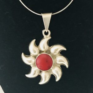 Sterling Silver Red Jasper stone Sunburst pendant drop .925 stamped Mexico 19 grams