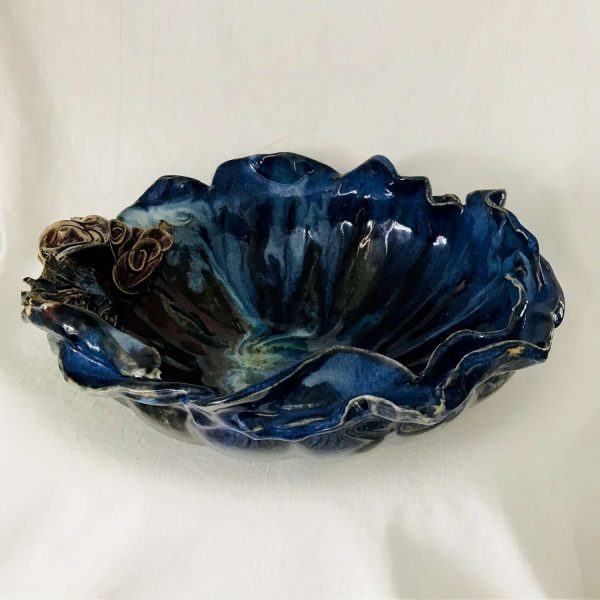 Stunning Hand Made Pottery double edge bowl fantastic coloring great design with roses on one side raised