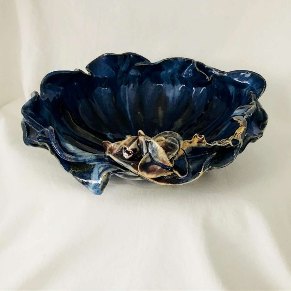 Stunning Hand Made Pottery double edge bowl fantastic coloring great design with roses on one side raised