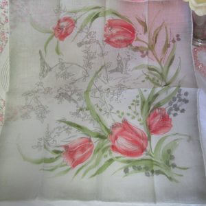 Stunning hand rolled cotton hankie Spain Tulips and Birds Handkerchief