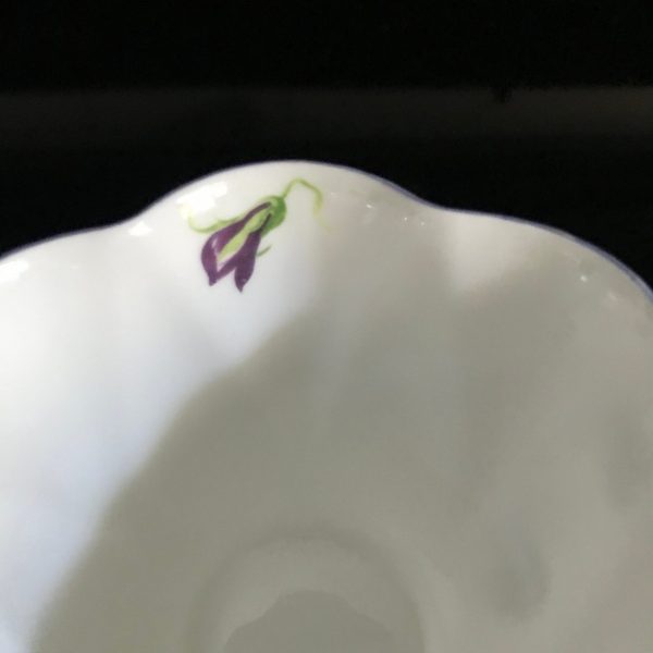 Tea cup and snack saucer Shelley England Fine bone china purple Violets yellow centers lavender trim & handle farmhouse collectible display