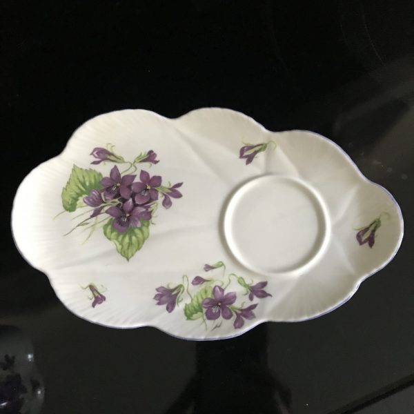 Tea cup and snack saucer Shelley England Fine bone china purple Violets yellow centers lavender trim & handle farmhouse collectible display